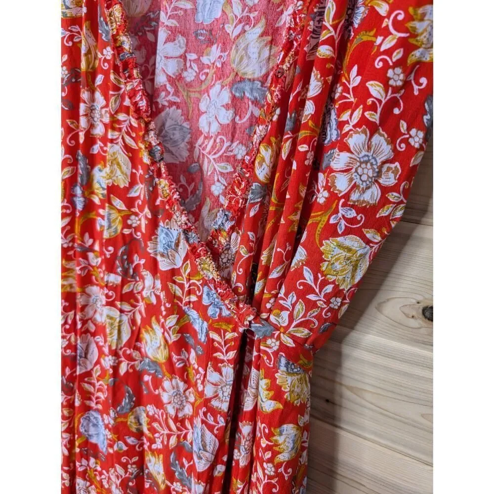 Loft Dress Womens 20 Red Floral‎ Wrap Front Midi Spring Fall NWT